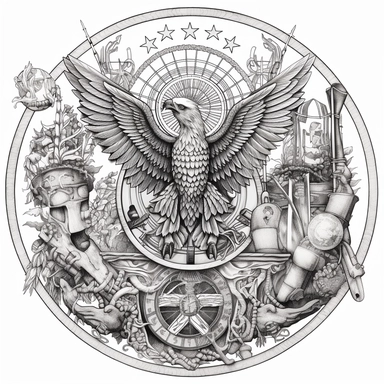 [army soldiers, bald eagles, american flags, patriotic, fantasy, lightning, fire, stained glass, planets, nebulas, stars, mushrooms, roses, biomechanical, occult, sacred geometry] inverted triangle clipart design, lines, lineart, very detailed, hyper detailed, black and white vector graphic, white background, white background