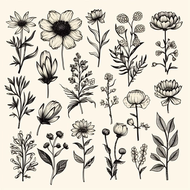 large collection of free hand drawn flowers and cliparts with outlines, in the style of light gray and black, feminine sticker art, nature-inspired, vintage-inspired, simple, floral, on white background