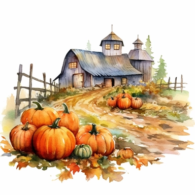 Pumpkin Clipart Farm for Halloween, Watercolor Clipart