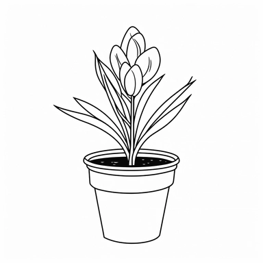 A cartoon of a single crocus plant in a pot, black and white colors, white background, outline the plant, modern minimalist clipart