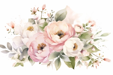 Dusty pink and white flowers, ranunculus, peonies, austin roses, big blooms, with muted green whispy foliage with gold flicks, elegant and beautiful floral clipart for wedding invitations, delicate, watercolor, oil painting, defined edge on white background