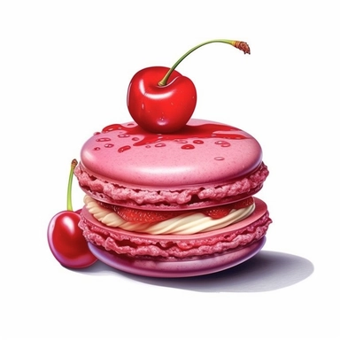 incredible detailed acrylic art macaron with cherry clipart, hyperrealism, clear picture in high resolution, highlights , white background, appetizing, clear and contrast image, reflections, very detailed drawing, menu illustration, realism, high quality, lighting like in a photo studio, advertising, hd