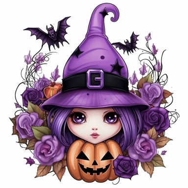 Spooky Cute halloween sublimation, Purple color Clipart, below are some flowers, and the head is cap, isolated on a white background,high quality design and Summons will be a pumkin,
