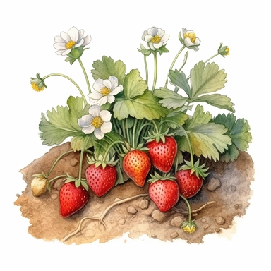 watercolor vintage style strawberries on the soil with flowers clipart, strawberres on the soil with flowers, strawberries, vibrant colors, 1960, vintage, watercolor, realistic drawing in storybook illustration, pencil drawing by Angela Barrett, Elsa Beskow, ultrafine detailed, highly detailed, high resolution, 8K, white background
