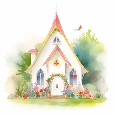 watercolor painting of wedding chapel clipart on plain white background, painted in the style of chiho aoshima