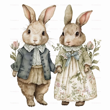 cute bunny rabbit couple wearing clothes from baroque era, standing and holding hands, Sublimation graphics, by Beatrix Potter, Watercolor clipart, single design, print on demand image, PNG transparent background, white background