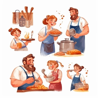 multiple poses characters of a family including dad, mom and kid. thay are enjoy cooking inthe kitchen , watercolor in medieval cartoon grunge style clipart on white background