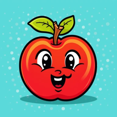 Create a fun and playful clipart of an apple in a cartoon style. Make sure to keep the background plain and highly contrasted to make the apple stand out. Use bold and vibrant colors to bring the apple to life and make it visually appealing. This clipart should be suitable for use in educational materials, presentations, or wherever else a cartoon apple may be needed.