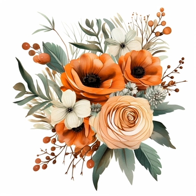 burnt orange flower bouquet, soft natural colors, with green leaves, with wood, watercolor, uplighted, white background, 300 dpi, suitable for a clipart, no frame, no mock up