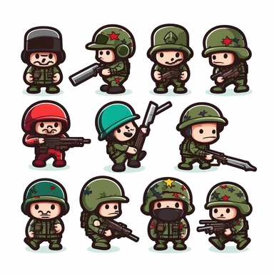 10 stickman soldiers stickers collection, clipart design, cartoon, 4k, white background, photo realism