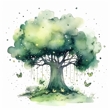 a fairytale style over realistic fairy trees with watercolor effect,green big forest,twinkles,fireflies,suitable for digital clipart,white background Clipart ,Cartoon,hyper realistic, intricate detail, illustration style,high solution,on the white background
