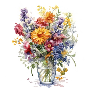 A breathtaking flower bouquet that includes ammi, solidago, asters, delphinium, spray roses, callistephus, and limonium, beautifully arranged in a glass vase clipart. Set against a clean white background, this wet watercolor artwork showcases vibrant colors and intricate details. Created with ZBrush and featuring sharp brush strokes, the bouquet appears incredibly lifelike and hyperrealistic. The high-definition (HD) quality ensures every petal and leaf is captured with precision, allowing you t