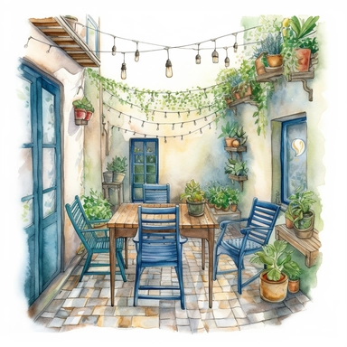 watercolor, hyper realistic, white background, white margins, 16k, ultra detailed clipart, cut out image, hand-drawn, whimsical small patio with a bistro set, decorated with string lights and lanterns, with a color scheme of blues and greens, giving a relaxing and calming vibe.