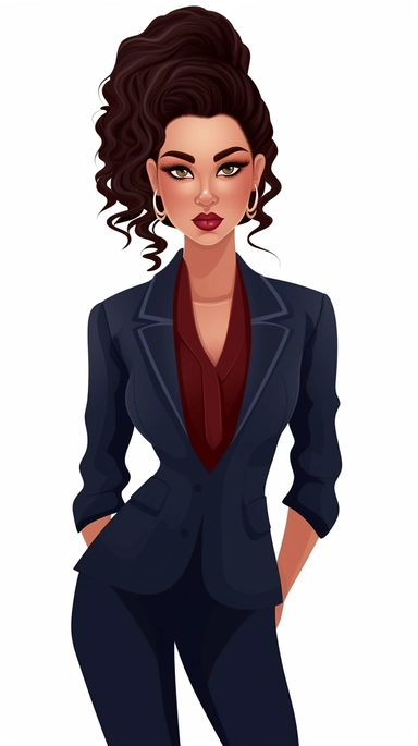 full-body perspective 2d lined clipart of a pretty woman wearing a navy skirt suit and matching shoes, business-like attire, white background,
