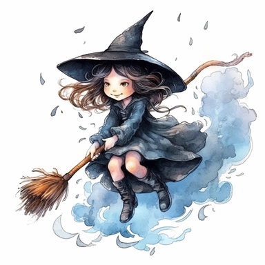 Little witch riding a broom, watercolor illustration high definition, cute character, Sublimation Clipart, hyper realistic, intricate detail, illustration style, isolated on white background for style by Lucy Fleming, watercolor, smooth gradients, black contour outline, ultra detailed, clipart elements, delicate pastel colors, solid white background, super clear, high quality