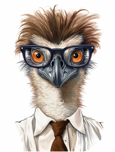 a portrait of a Emu wearing a white shirt and glasses, looking tired and done with life, vector illustration, clipart, outlines, portrait,