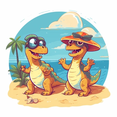 a foolish and cute dinosaurs having fun at the beach , clipart style, white bg
