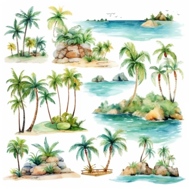 Tropical island beach clipart set isolated on white, watercolor, - - no photograph