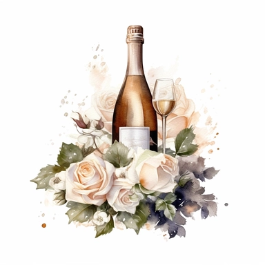 white beige rose border with leaves, champagnes bottle wedding, mystical, beautiful, white background, single clipart, halloween element, Sparkling ,watercolor