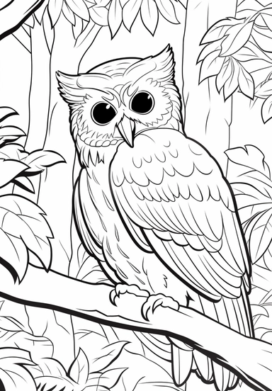 simple and easy coloring page design, coloring page for kids, owl in Bwindi Impenetrable Forest, Uganda , cartoon character silhouette illustration cliparts image, high resolution, #screenshotsaturday, whimsical children's book illustrator,