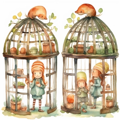 Watercolor hansel and gretel in cage , illustrations clipart set, simple , cartoon elements, fairy tale theme and elements, different characters, palace , different variants , , separate elements with a margin