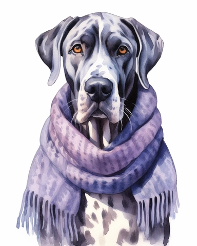 detailed watercolor Great dane with scarf , realistic, isolated on a white background, clipart