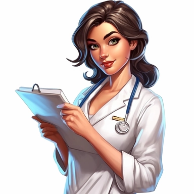 UHD, 8k, illustration postcard, cartoon clipart of an RN with a stethoscope around her neck, holding a clipboard, epic facial expression, up-close, isolated on a white background, aspect 7:4