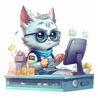 Character, shady super coder, kitten working as a cashier, cute, clipart, grocery store
