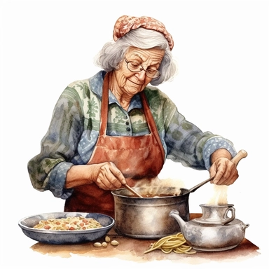 highly detailed and realistic watercolor country rustic vintage italian grandmother cooking pasta in the kitchen, clipart, white background