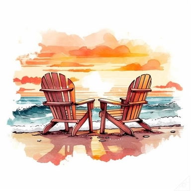 A wooden couple chair on the beach waves sunset, Watercolor Clipart, details Sublimation Clipart,Cartoon,hyper realistic, intricate detail, illustration style,high solution,on the white background