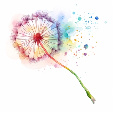 full head watercolor dandelion being blown in wind with colored flecks in the white background. Clipart