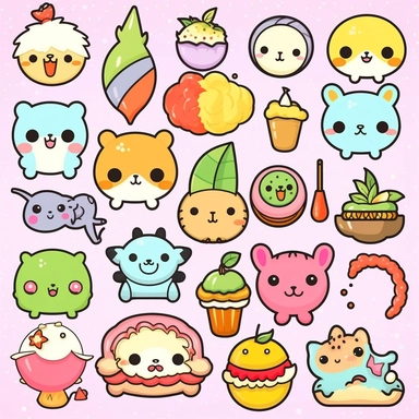 Design an adorable clipart set in Kawaii style featuring sweet and happy animals. Create cute characters like smiling pandas, chubby bunnies, and cheerful kittens. Add playful elements like rainbows, cupcakes, and hearts to enhance the cuteness factor. Let the colors be vibrant and pastel to capture the essence of Kawaii style and spread joy with your delightful clipart. Kawaii. White background, soft lighting.