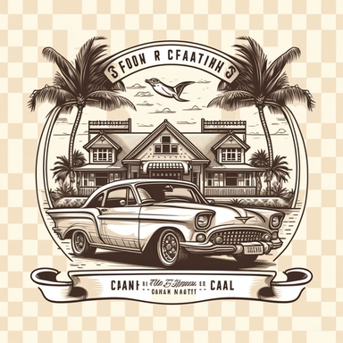 create a logo in nft pfp proportions of a florida beach bungalow for sale, checkered flags, a lot of cash, clip art, detailed, minimal, clean look, vintage swiss watch style logo, 1960's inspired art, contemporary and classy, vintage luxury ad style, company logo, comic book shading