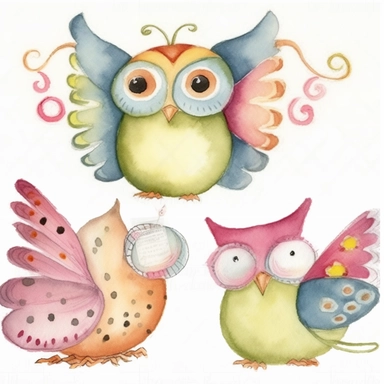 4 cute whimsical owls, simplified, doodled by a child, folk art, watercolor texture, soft brush strokes, clipart on white background, high resolution, free margins