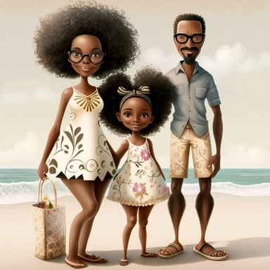Happy Black Girl and her mom and dad Smiling at the beach ib sag harbor art,black girlsclipart, Funny black girl , Cheerful african american girl child png, clipart, afro ,Full body with legs , Cottage core , preppy , Highly detailed close-up portrait , standing , Nicoletta Ceccoli, Mark Ryden, lostfish, Earl Nor, global lighting, divine rays, detailed and intricate surroundings, sf, intricate artwork masterpiece, ominous, matte painting movie poster, blue ratio, trending on cgsociety, intricate