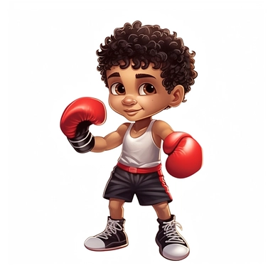 full body short black curly hair, puerto rican boy boxing, red gloves, red shoes, clipart, white background