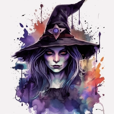 clipart, a black witch in a black costume with hat splattered on, in the style of nightmarish illustrations, dark face, in the style of realistic watercolor paintings, magali villeneuve, gothic style, splatter painting, dark violet and light black, realistic watercolors, dark gray and amber, junglecore, animals and people, no background