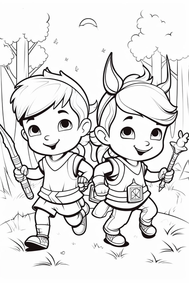 draw a coloring book sticker for kids of two cute happy elf ,with a sword, and a cute happy unicorn, with a horn, running in the forest, for a coloring book, for kids, clip art, cute cartoon