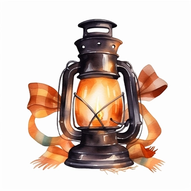 Watercolor illustration of vintage kerosene lamp with ribbon paper banner: Let your light shine. Isolated on white. Vintage clip art element of a burning gas lamp for design cards, posters, stickers.