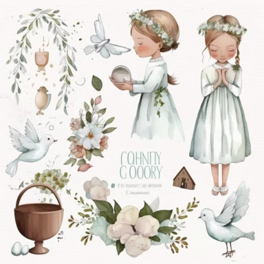 First communion illustrations clipart set, watercolor, white background, simple, soft colors , cartoon elements girl, boy ,holy cross, white doves, tulips, peonies, eucalyptus branches, wooden rosary beads, white flowers