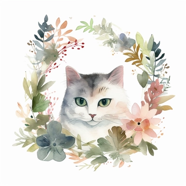 cat face, cute, watercolour, lush flower and leaf border, clipart, white background