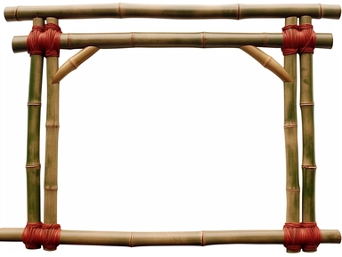 frame made of dark green with red veins bamboo rods whith two feet, african style, immediate foreground, white blank empty canvas, clipart, isolated, white background, extremely detailed, photo realistic, high resolution, realistic, 8K,