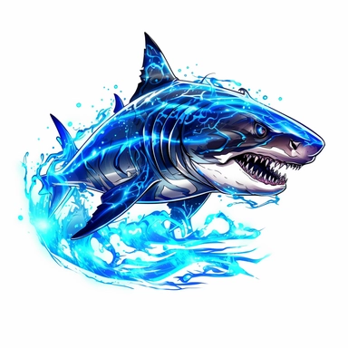 a glowing tribal Great white shark with blue lights on his eyes, tribal animals, in the style of manhwa character design, master of shadows, burned/charred, himalayan art, dark black and light azure, clipart, on white blackground