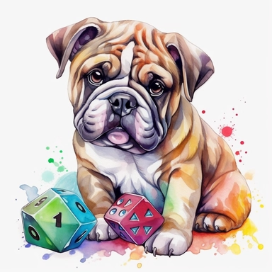 sticker art, hd, on white background, fantasy, dungeons and dragons, watercolor clipart, vibrant rainbow colors, cute bulldog puppy with dice