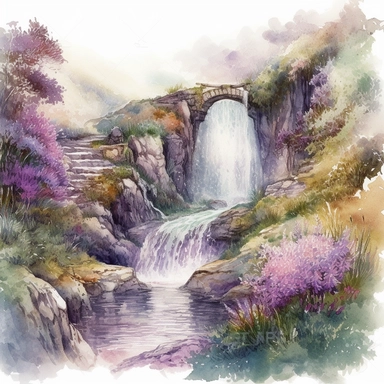 isolated on white illustration watercolor art of a elegant part of waterfall, the landscape from the garden with lavender and a road going into the mountains, a lot of lavender, masterpiece by Hans Zatzka style and by Josephine Wall style and by Alexander Jansson style and by Ivan Fedorovich Choultse style, Art Nouveau Architecture, PNG clipart, isolated on white, extreme photorealistic details, 32k HD resolution, realistic high detailization high resolution