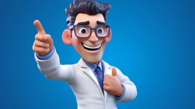 3d render, cartoon character doctor shows finger up. Cute man wears glasses. Medical clip art isolated on blue background. Idea concept. Health care recommendation metaphor, hyper realistic, photorealistic, highly detailed,