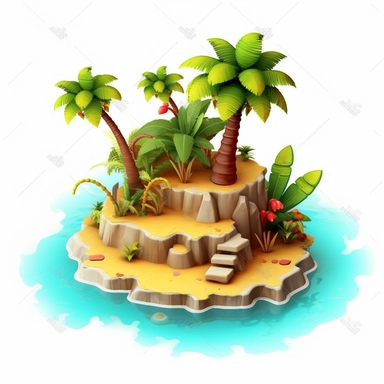 Design cute semi-realistic 3d desert island clipart, on white background
