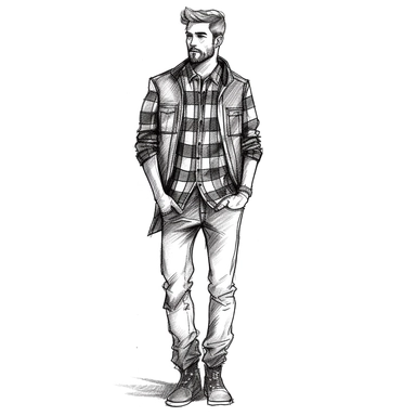 Man in flannel shirt and jeans, black line drawing, Clipart