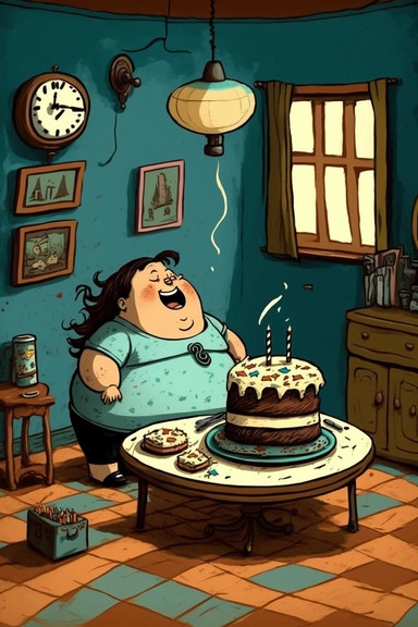 Stunning art of room landscape, happy birthday cake, chubby girl to moon written on wall, minimalism, bright colors, old antique tv , walls , clock, table , chairs , clip art, blue brown black and white color
