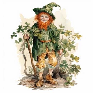 a clipart in the style of Cicely Mary Barker of a cute leprechaun in a magical northern forest, painterly look, renaissance colors, isolated white background